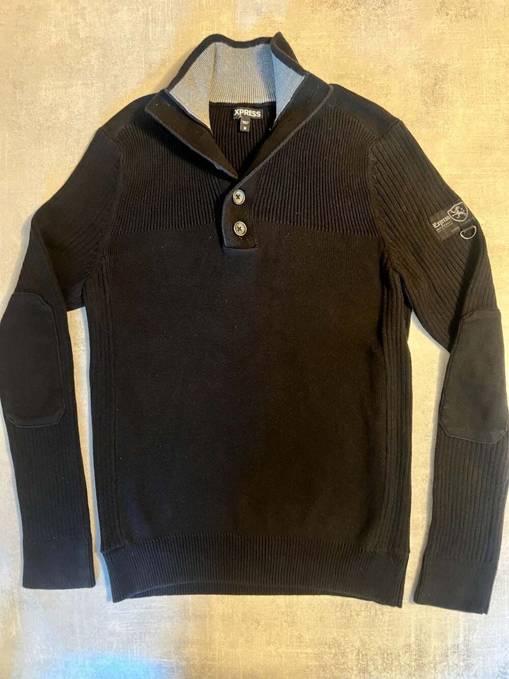 Express Men's Black Ribbed Mock Neck Button-Front Sweater with Elbow Patches